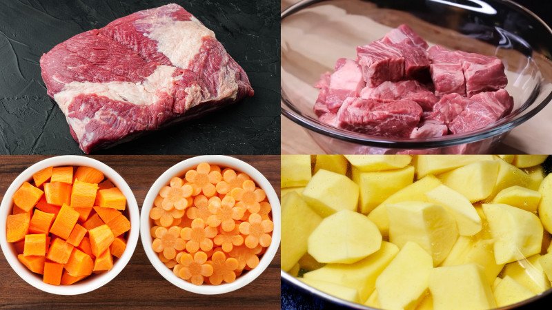 Sơ chế nguyên liệu cơ bản như thịt bò, khoai tây và cà rốt để nấu bò sốt vang.