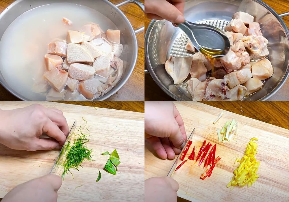Sơ chế nguyên liệu làm gà rang lá chanh