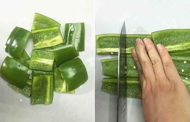 Sơ chế ớt chuông xanh thái lát vuông cho món mì Spaghetti kiểu Nhật