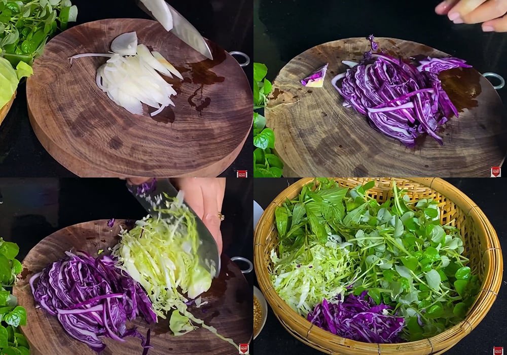 Sơ chế rau cành cua và gia vị để trộn gỏi