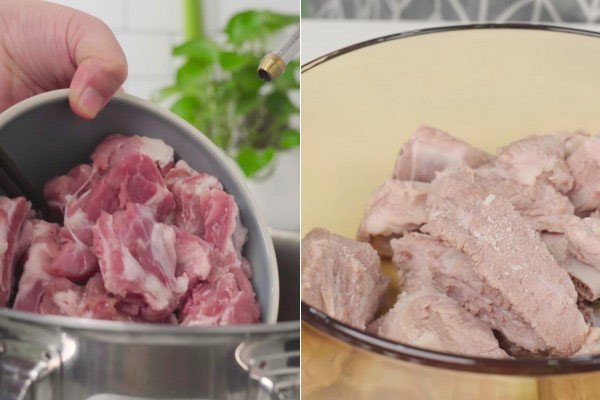 Sơ chế sườn heo và ướp gia vị cho bún sườn sấu