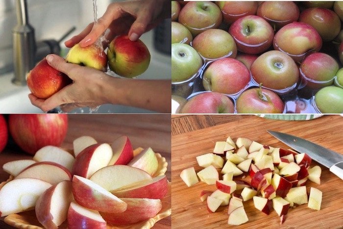 Sơ chế táo thái hạt lựu để làm bánh táo yến mạch bằng nồi chiên không dầu.