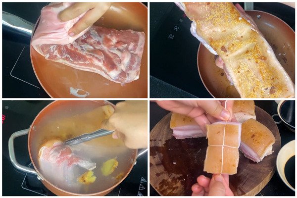 Sơ chế thịt ba chỉ để làm món thịt kho đông pha, đảm bảo vệ sinh và sẵn sàng cho các bước chế biến