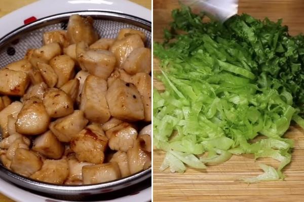 Bí Quyết Nấu **Cơm Chiên Cá Mặn** Thơm Ngon Chuẩn Vị Sơ chế thịt gà và rau xà lách cho món cơm chiên cá mặn