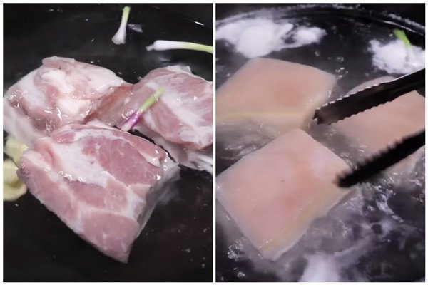 Sơ chế thịt heo bằng cách chần qua nước sôi với gừng và hành lá để khử mùi hôi hiệu quả