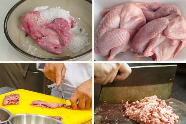 Sơ chế và xào chín thịt bồ câu.