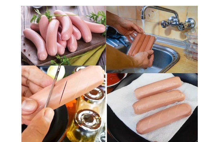 Sơ chế xúc xích nướng nồi chiên không dầu bằng cách khứa nhẹ để chín đều và đẹp mắt