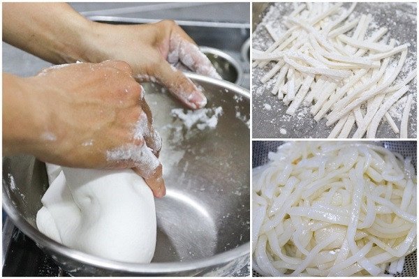 Sợi bánh canh tự làm tại nhà với bột gạo và bột năng, đảm bảo độ dai ngon cho bánh canh cua.