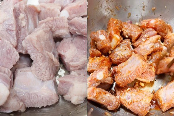 Sườn non được sơ chế và ướp gia vị chuẩn bị nấu bún