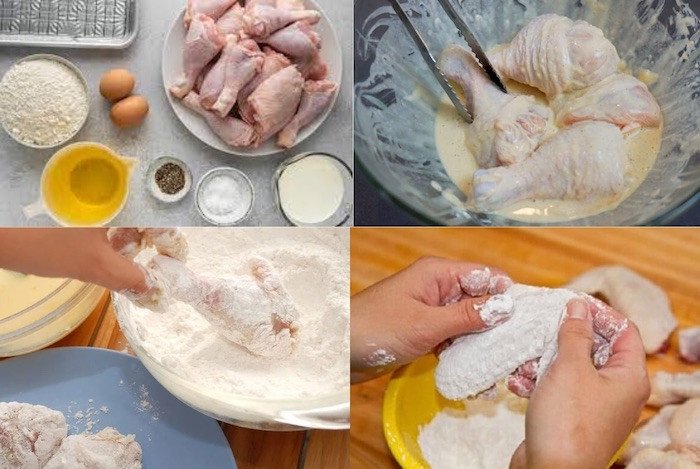 Tẩm bột kỹ lưỡng cho miếng gà rán bằng nồi chiên không dầu để có lớp vỏ giòn vàng
