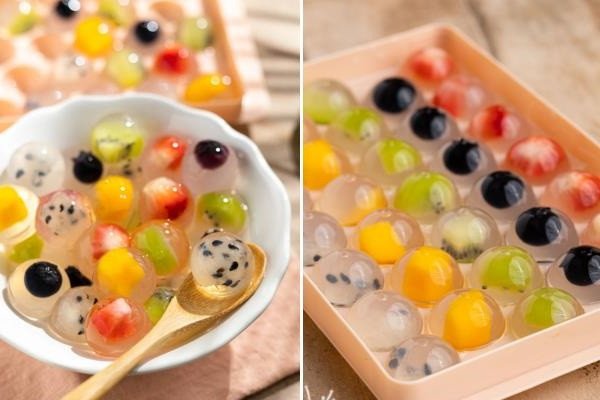 Thạch rau câu hoa quả thành phẩm trong suốt, nhìn rõ nhân trái cây bên trong