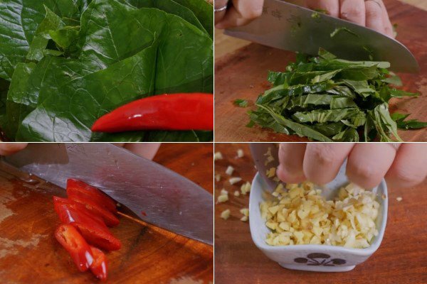 Thái nhỏ ớt, lá lốt, băm tỏi