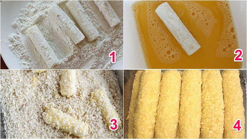 thanh phô mai được phủ bột chiên giòn và bột xù