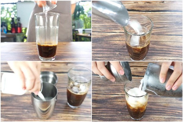 Thao tác lắc sữa tươi cùng đá để tạo bọt và độ lạnh