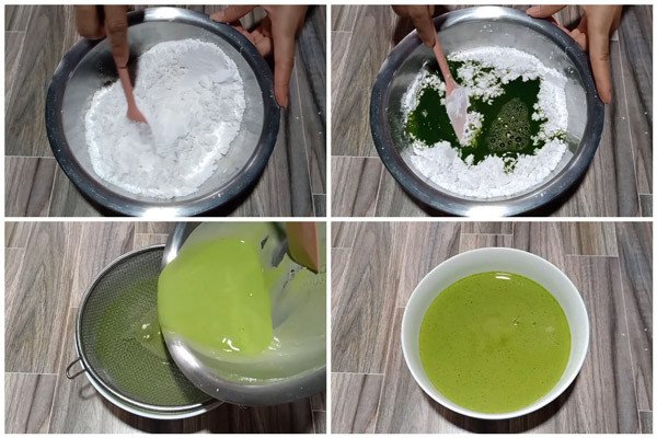 Thao tác lọc bột làm bánh ướt ngọt qua rây để vỏ bánh mịn màng hơn