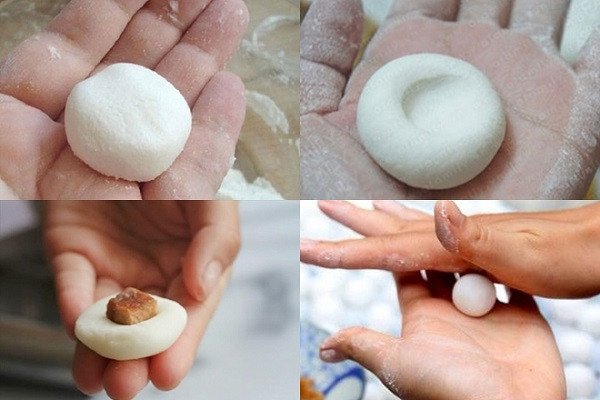 Thao tác nặn vỏ bánh và cho nhân vào bánh trôi bánh chay