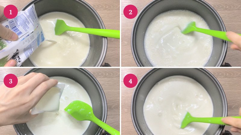 Thêm sữa tươi và men sữa chua cái vào hỗn hợp để ủ sữa chua bằng nồi cơm điện.