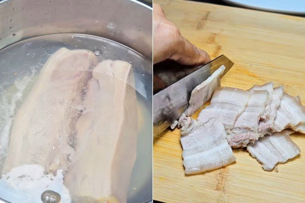 Thịt ba chỉ đang được thái lát mỏng sau khi luộc chín