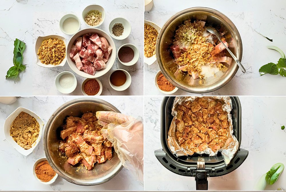 Thịt ba chỉ đang được trộn đều với hỗn hợp gia vị riềng sả để chuẩn bị nướng.