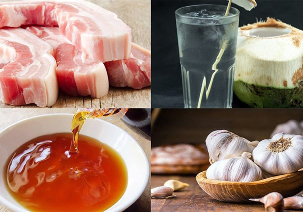 Thịt ba chỉ và các nguyên liệu tươi để làm món khìa nước dừa