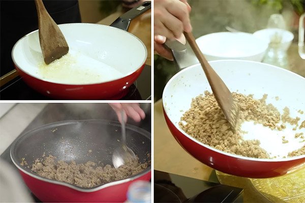 Thịt chim bồ câu băm nhuyễn được xào săn chắc cùng gia vị, tạo hương vị đậm đà cho món xôi.