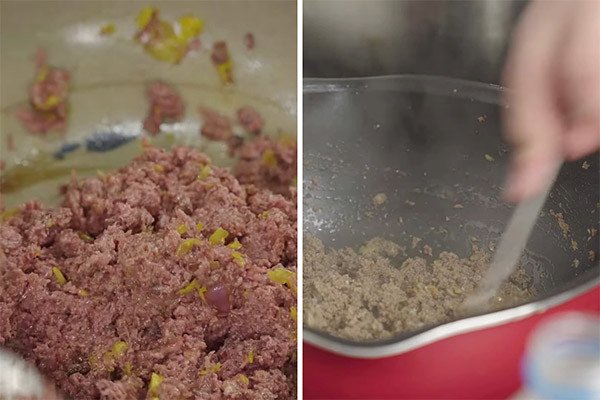 Thịt chim bồ câu đang được ướp thấm vị và xào săn trên chảo, chuẩn bị làm nhân xôi.