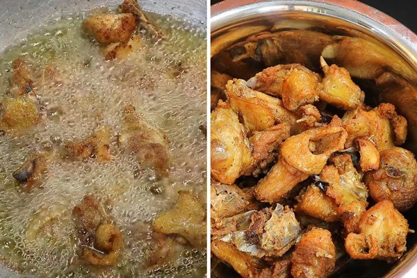 Thịt gà đang được chiên giòn vàng đều trong chảo dầu