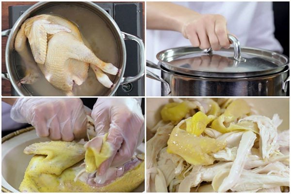 Thịt gà luộc chín vàng, xé sợi chuẩn bị làm gỏi gà măng cụt