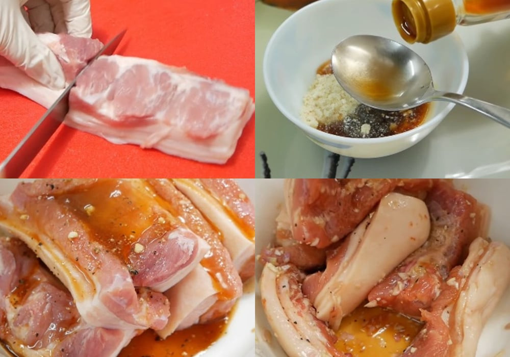 Thịt heo đã sơ chế và tẩm ướp gia vị chuẩn bị khìa
