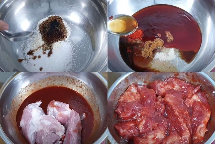 Thịt heo đang được ướp đẫm gia vị xá xíu trong hộp kín, sẵn sàng để nướng.