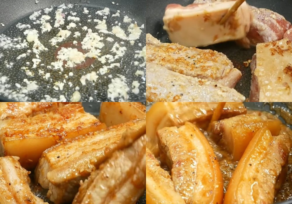 Thịt heo đang khìa trong nồi với nước dừa và gia vị