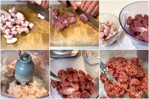 Thịt heo được sơ chế sạch và xay nhuyễn để chuẩn bị làm giò nạc