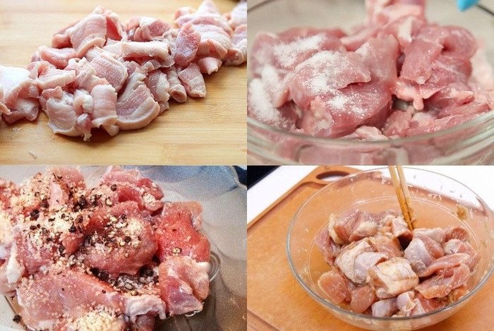 Thịt heo được thái nhỏ và ướp đều gia vị trong khoảng 20 phút để thấm vị trước khi nướng