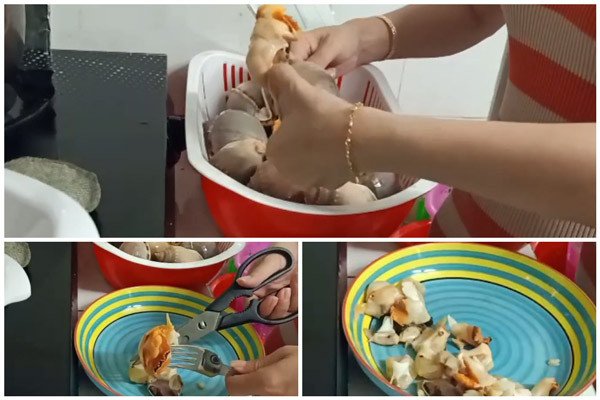 Thịt ốc tỏi được lấy ra khỏi vỏ và cắt nhỏ để dễ ướp gia vị
