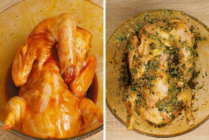 Thịt vịt đang được ướp với gia vị và lá mắc mật để chuẩn bị nướng