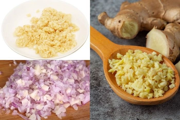 Tỏi, hành, gừng và sả băm nhuyễn để ướp gà nướng ngũ vị