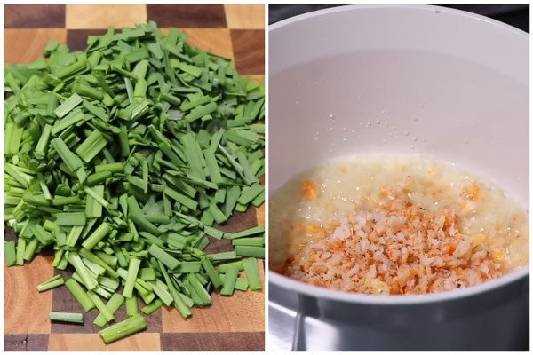 Tôm khô xào sơ qua giúp nhân bánh hẹ thơm ngon hơn