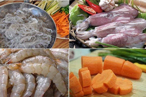 Tôm tươi, mực và các loại rau củ chuẩn bị cho món miến xào hải sản hấp dẫn