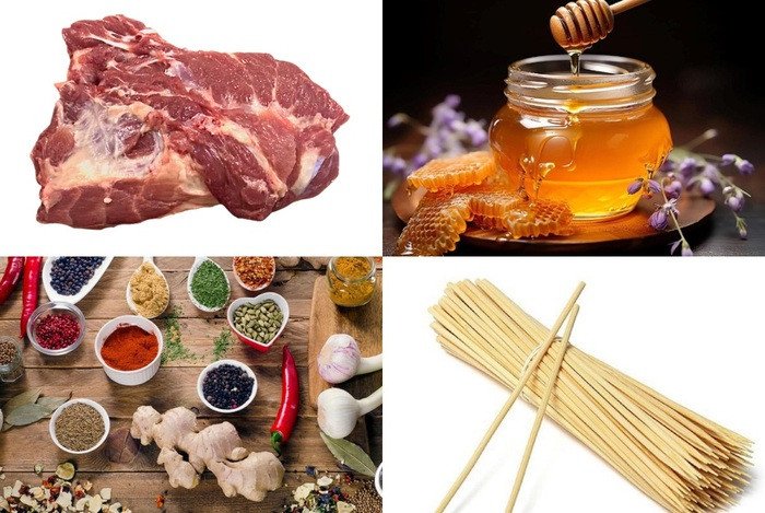 Tổng hợp các nguyên liệu cần thiết để làm món thịt xiên nướng bằng nồi chiên không dầu tại nhà