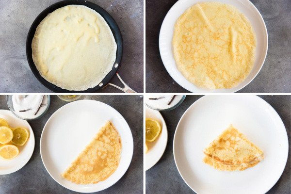 Tráng vỏ bánh crepe trên chảo chống dính với lửa vừa để bánh chín đều