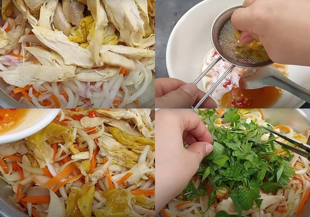 Trộn đều các nguyên liệu để làm món gỏi gà hành tây cà rốt