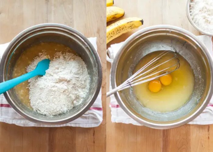 Trộn đều hỗn hợp bột và chuối chuẩn bị cho món bánh chuối nướng hấp dẫn