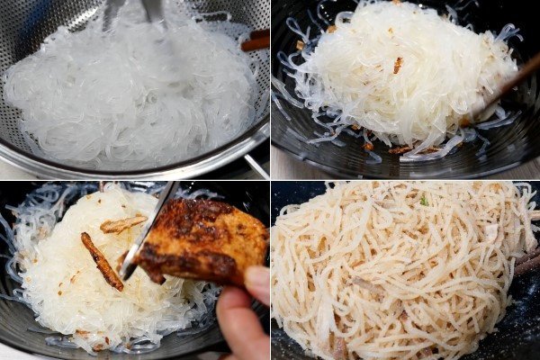 Trộn đều sợi bì chay với thính gạo rang để có món bì cơm tấm hấp dẫn