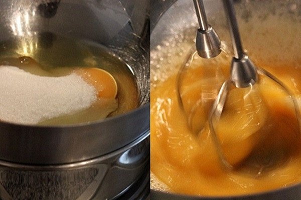 Trứng gà đang được đánh bông bằng máy đánh trứng, chuẩn bị làm cốt bánh bông lan Phú Sĩ.