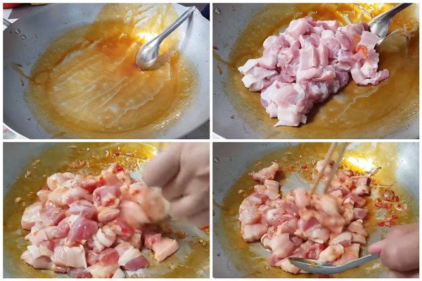 Ướp thịt ba chỉ chuẩn bị cho món thịt kho củ cải muối