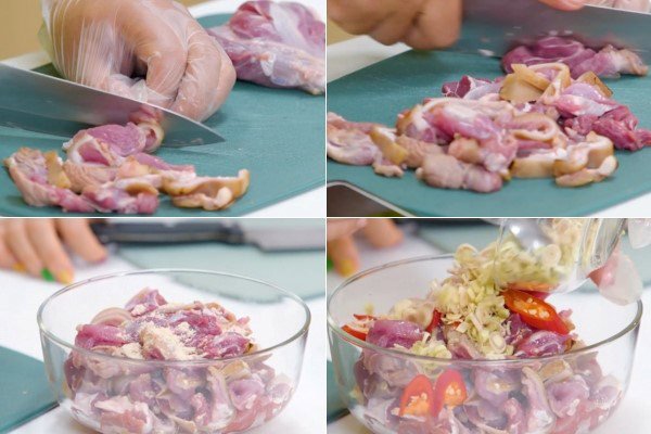 Ướp thịt dê hấp lá tía tô với sả và gia vị để món ăn thêm phần thơm ngon