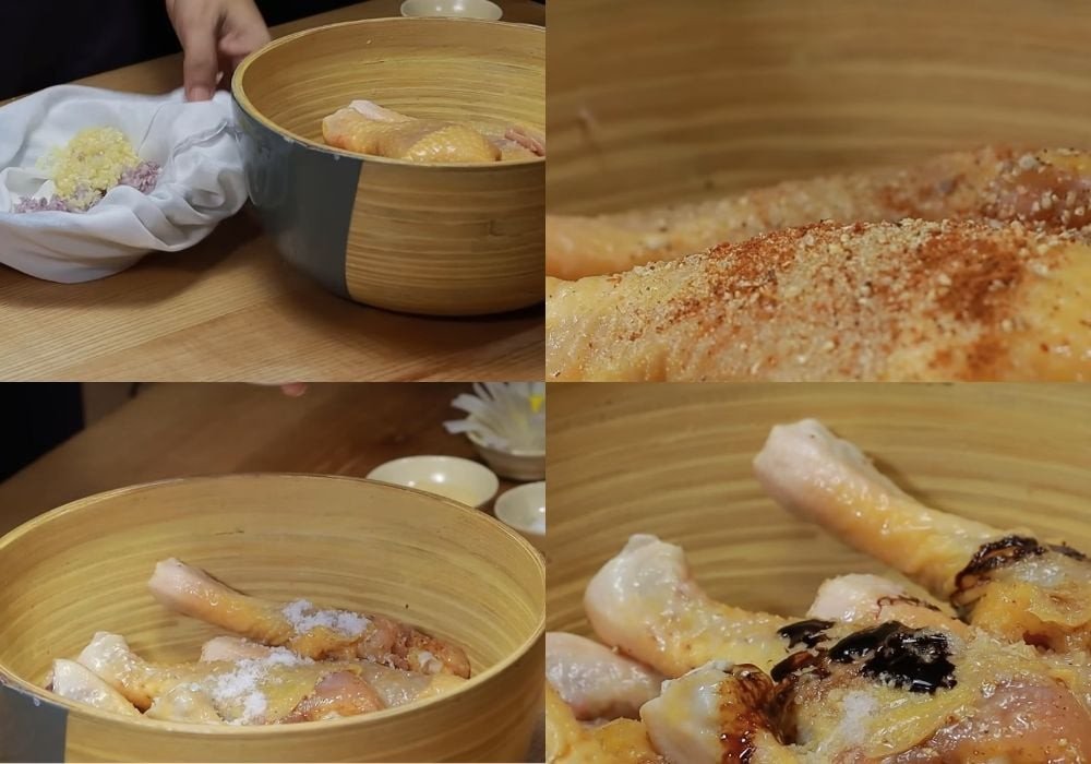 Ướp thịt gà cẩn thận để gia vị thấm đều và sâu