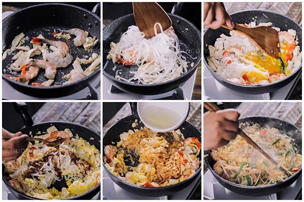 Xào chín đều các nguyên liệu cùng sốt Pad Thái