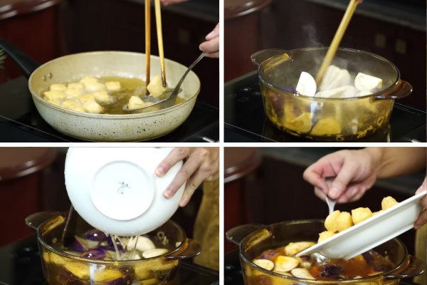 Xào nguyên liệu cho món cà tím nấu đậu chay