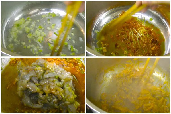 Xào tôm cùng hành tím và ớt bột tạo màu cho canh bầu